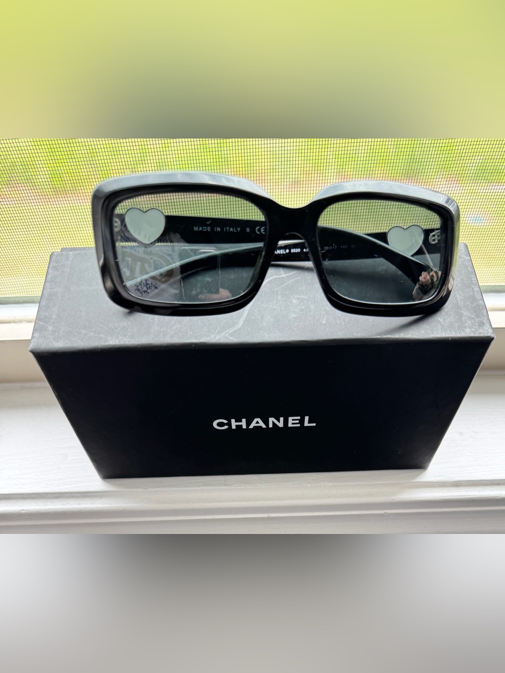 CHANEL Black Rectangular Sunglasses with Heart Accents